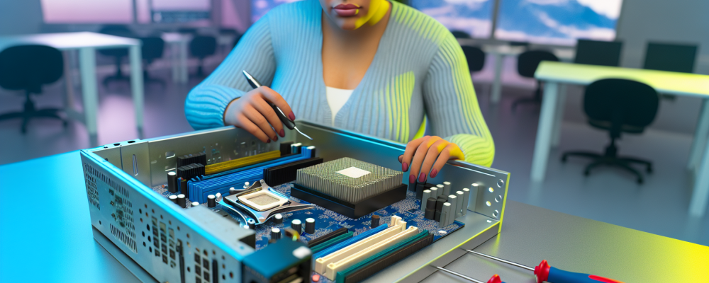 Técnico montando microcomputadores em mesa com ferramentas e componentes em ambiente tecnológico vibrante