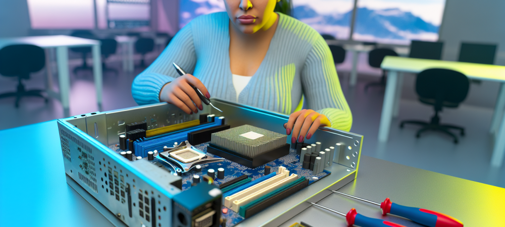 Técnico montando microcomputadores em mesa com ferramentas e componentes em ambiente tecnológico vibrante