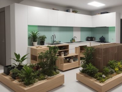 Mesa de trabalho com plantas e software 3D destacando a montagem de projetos arquitetônicos modernos