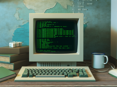 Computador antigo com comandos MS-DOS em tela, ambiente vintage com teclado mecânico e caneca de café, simulando eficiência no setor público.