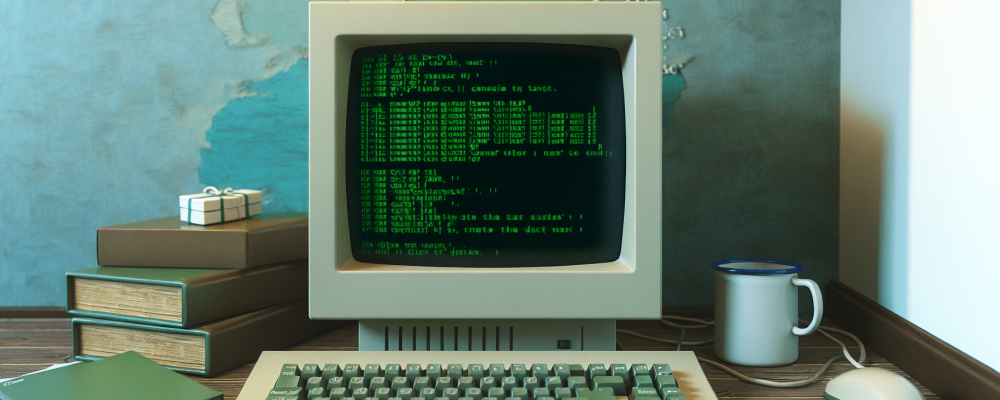 Computador antigo com comandos MS-DOS em tela, ambiente vintage com teclado mecânico e caneca de café, simulando eficiência no setor público.