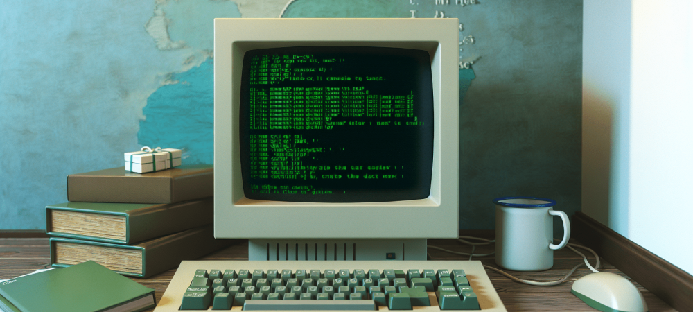 Computador antigo com comandos MS-DOS em tela, ambiente vintage com teclado mecânico e caneca de café, simulando eficiência no setor público.