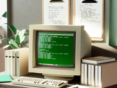 Computador antigo com MS-DOS em escritório moderno, papéis e livros sobre comandos de DOS ao redor