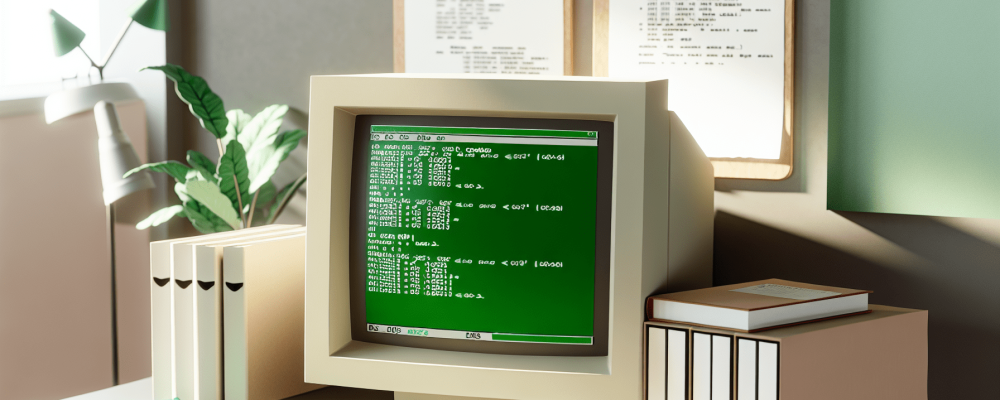 Computador antigo com MS-DOS em escritório moderno, papéis e livros sobre comandos de DOS ao redor