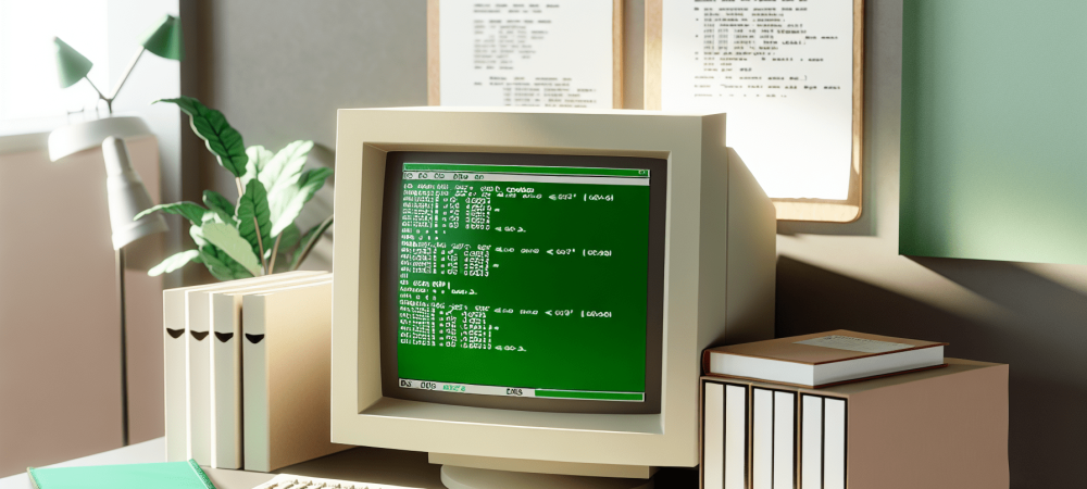 Computador antigo com MS-DOS em escritório moderno, papéis e livros sobre comandos de DOS ao redor