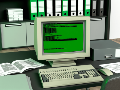 Computador antigo rodando MS-DOS no escritório, rodeado por documentos administrativos