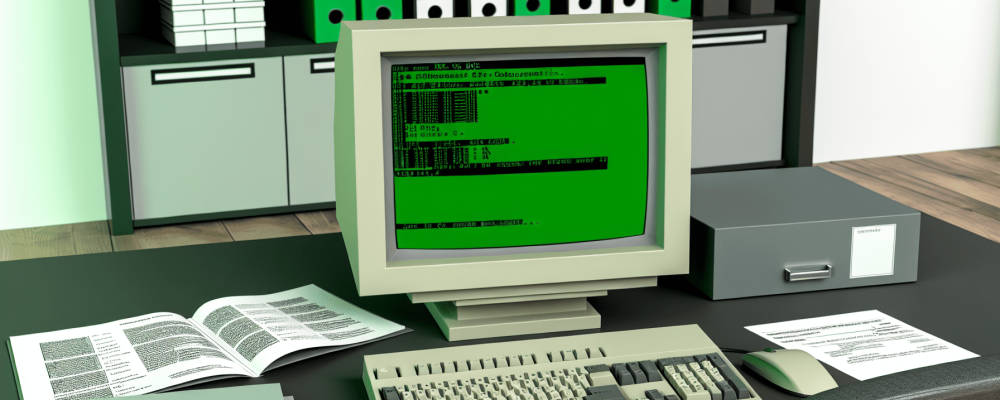 Computador antigo rodando MS-DOS no escritório, rodeado por documentos administrativos