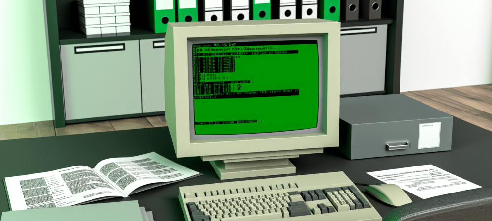 Computador antigo rodando MS-DOS no escritório, rodeado por documentos administrativos