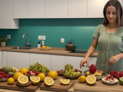 Uma mulher de meia-idade medindo a pressão arterial com aparelho digital em uma cozinha iluminada, rodeada de frutas e verduras.