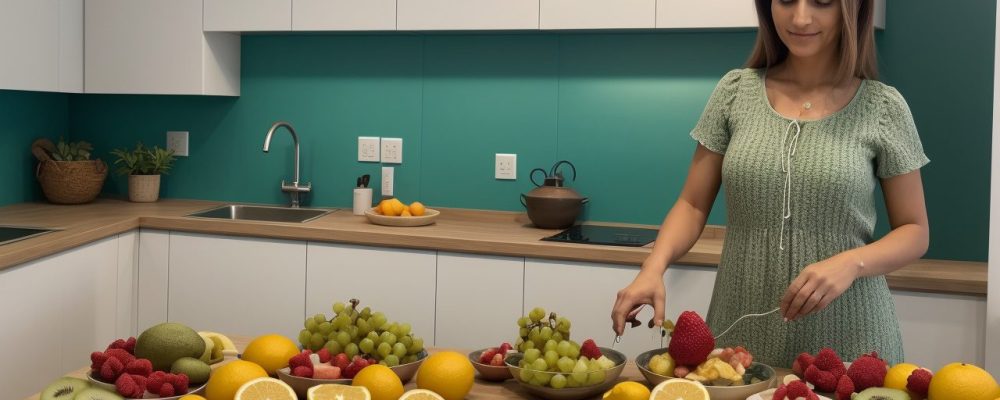 Uma mulher de meia-idade medindo a pressão arterial com aparelho digital em uma cozinha iluminada, rodeada de frutas e verduras.