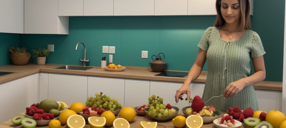 Uma mulher de meia-idade medindo a pressão arterial com aparelho digital em uma cozinha iluminada, rodeada de frutas e verduras.