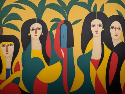 Galeria de arte com obras famosas de Tarsila do Amaral e Picasso, iluminadas por luz natural, com visitantes admirando as peças.