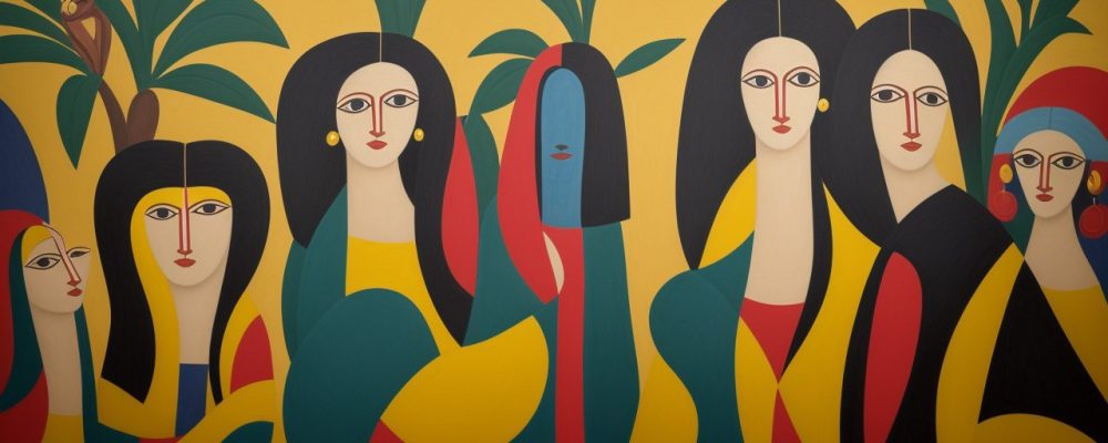 Galeria de arte com obras famosas de Tarsila do Amaral e Picasso, iluminadas por luz natural, com visitantes admirando as peças.