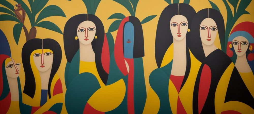 Galeria de arte com obras famosas de Tarsila do Amaral e Picasso, iluminadas por luz natural, com visitantes admirando as peças.