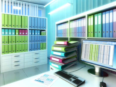 Sala de escritório organizada com documentos em pastas coloridas e planilha de controle em computador