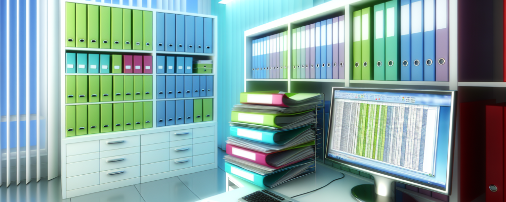 Sala de escritório organizada com documentos em pastas coloridas e planilha de controle em computador