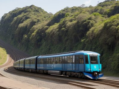 Pessoa com deficiência visual navegando com bastão inteligente em um ambiente urbano acessível, destacando técnicas de orientação e mobilidade.