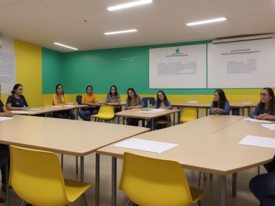 Pais e professores discutindo em sala de aula com cartazes sobre parceria escola-família em um ambiente acolhedor e colaborativo.