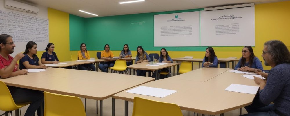 Pais e professores discutindo em sala de aula com cartazes sobre parceria escola-família em um ambiente acolhedor e colaborativo.