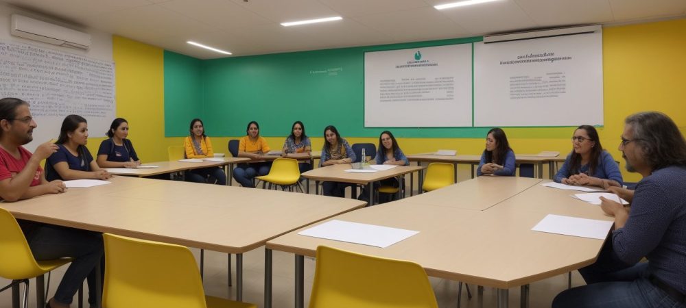 Pais e professores discutindo em sala de aula com cartazes sobre parceria escola-família em um ambiente acolhedor e colaborativo.