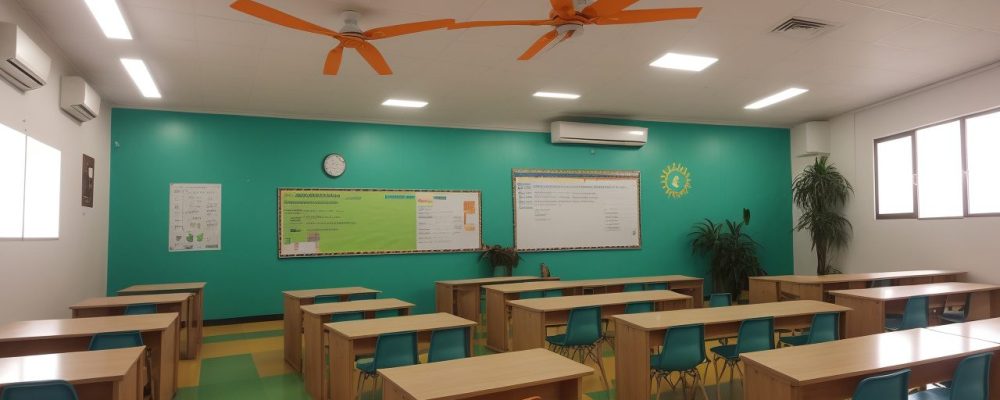 Sala de aula bem iluminada com pais, educadores e crianças interagindo animadamente, simbolizando a parceria escola e família.