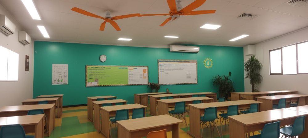 Sala de aula bem iluminada com pais, educadores e crianças interagindo animadamente, simbolizando a parceria escola e família.