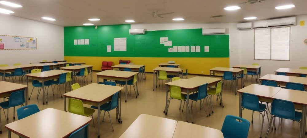 Pais e educadores reunidos em sala de aula vibrante, discutindo a importância da parceria escola-família