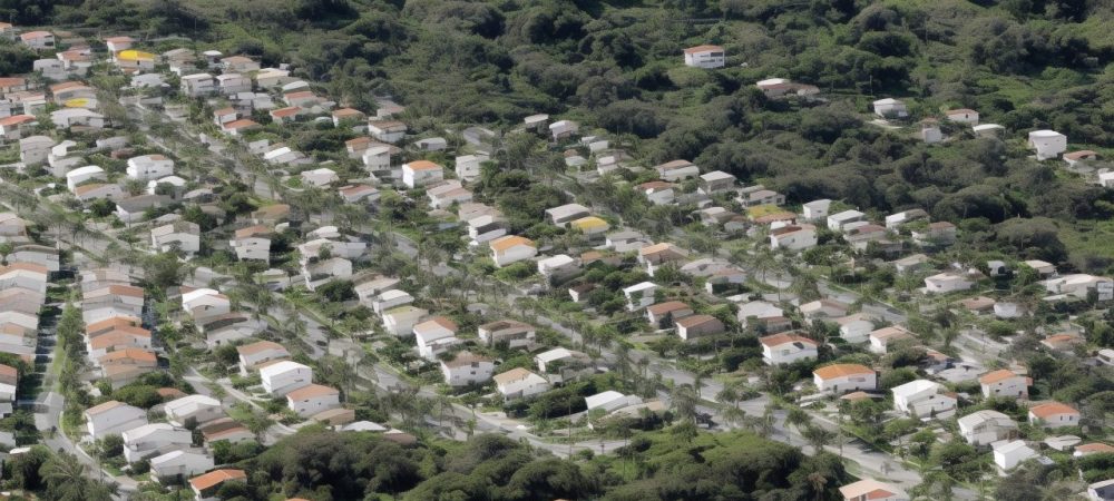 Cidade moderna com moradores participando de campanhas de reciclagem, destacando a gestão de resíduos sólidos em áreas urbanas.