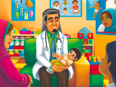 Pediatra sorridente em consultório colorido conversa com mãe sobre saúde da criança e vacinação, enquanto o filho pequeno parece aliviado