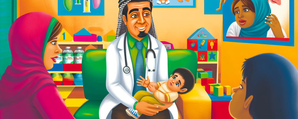 Pediatra sorridente em consultório colorido conversa com mãe sobre saúde da criança e vacinação, enquanto o filho pequeno parece aliviado