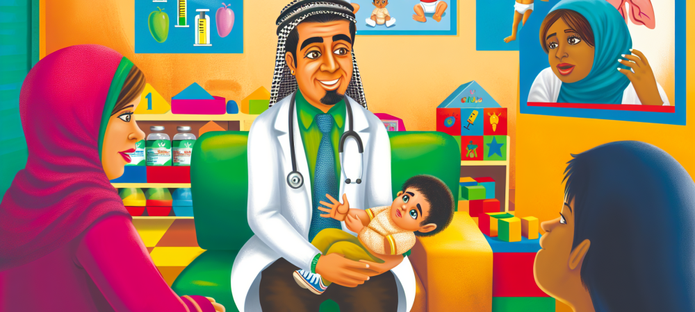 Pediatra sorridente em consultório colorido conversa com mãe sobre saúde da criança e vacinação, enquanto o filho pequeno parece aliviado