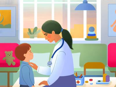 Uma pediatra avaliando uma criança em um consultório acolhedor, simbolizando a importância da saúde infantil e do tratamento personalizado.