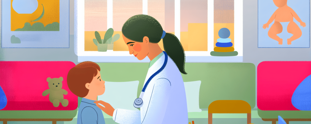 Uma pediatra avaliando uma criança em um consultório acolhedor, simbolizando a importância da saúde infantil e do tratamento personalizado.