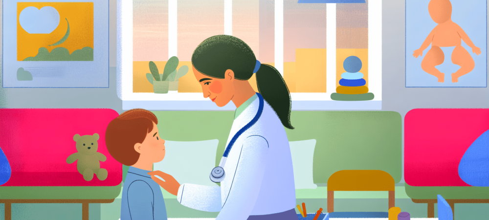 Uma pediatra avaliando uma criança em um consultório acolhedor, simbolizando a importância da saúde infantil e do tratamento personalizado.