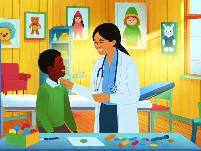 Sala de pediatria acolhedora com médico sorridente examinando uma criança, cheia de brinquedos coloridos e ilustrações infantis nas paredes, iluminada por luz natural.