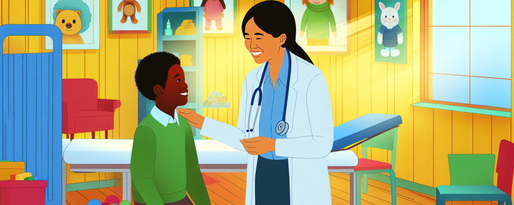 Sala de pediatria acolhedora com médico sorridente examinando uma criança, cheia de brinquedos coloridos e ilustrações infantis nas paredes, iluminada por luz natural.