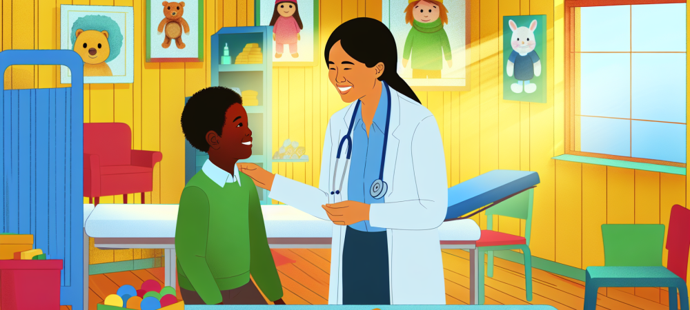 Sala de pediatria acolhedora com médico sorridente examinando uma criança, cheia de brinquedos coloridos e ilustrações infantis nas paredes, iluminada por luz natural.