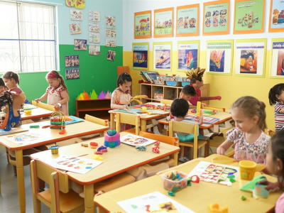 Sala de aula colorida com crianças de 4 e 5 anos envolvidas em atividades lúdicas alinhadas à BNCC