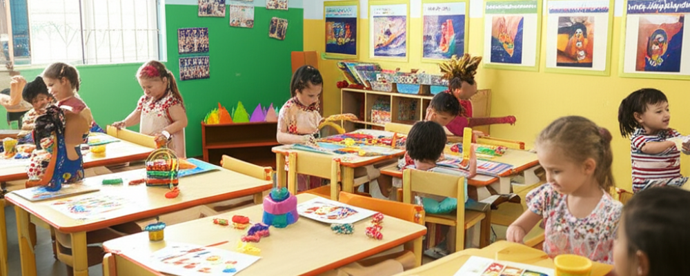Sala de aula colorida com crianças de 4 e 5 anos envolvidas em atividades lúdicas alinhadas à BNCC