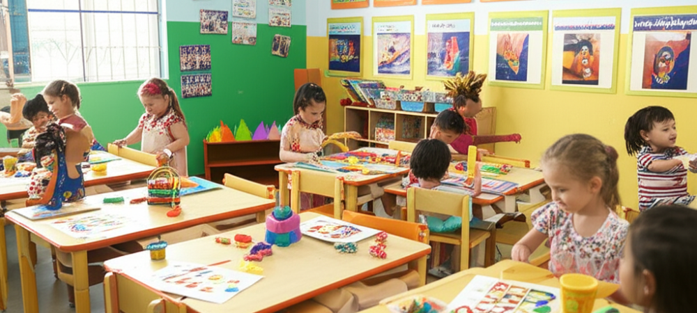 Sala de aula colorida com crianças de 4 e 5 anos envolvidas em atividades lúdicas alinhadas à BNCC