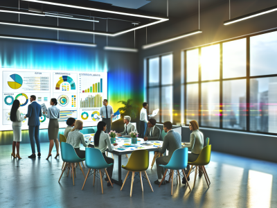 Servidores discutindo planejamento estratégico em sala moderna com gráficos e luz natural