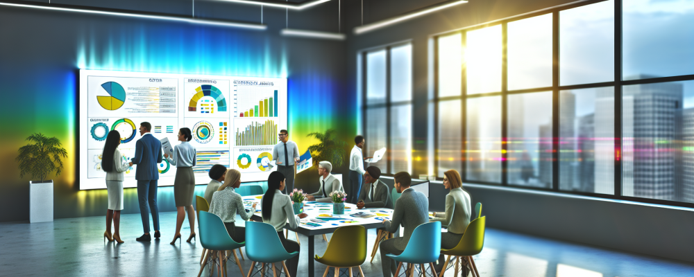Servidores discutindo planejamento estratégico em sala moderna com gráficos e luz natural