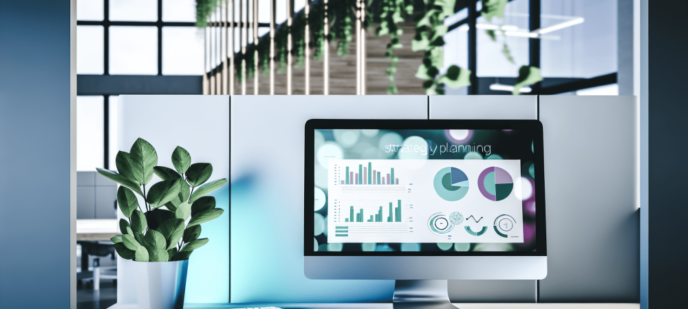 Mesa de trabalho em escritório público com gráficos de planejamento estratégico, cercada por plantas, em atmosfera iluminada e colaborativa.