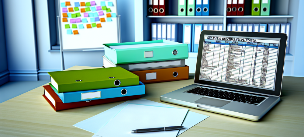 Mesa de escritório organizada com planilha excel para controle de arquivo morto em laptop rodeado por pastas coloridas.