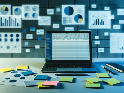 Mesa de trabalho moderna com laptop mostrando gráficos e planilhas Excel cercada por post-its com anotações.