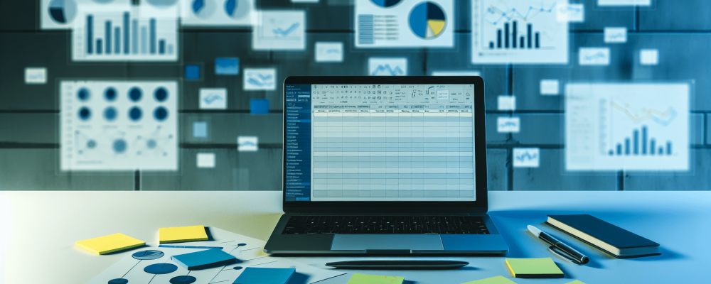 Mesa de trabalho moderna com laptop mostrando gráficos e planilhas Excel cercada por post-its com anotações.