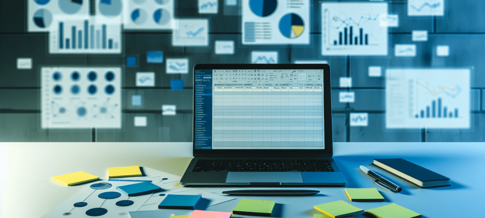 planilhas-excel-dashboard.webp Mesa de trabalho moderna com laptop mostrando gráficos e planilhas Excel cercada por post-its com anotações.