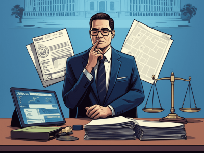 Ilustração representando o poder discricionário na administração pública com elementos simbólicos da gestão e decisão pública