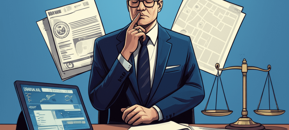 Ilustração representando o poder discricionário na administração pública com elementos simbólicos da gestão e decisão pública