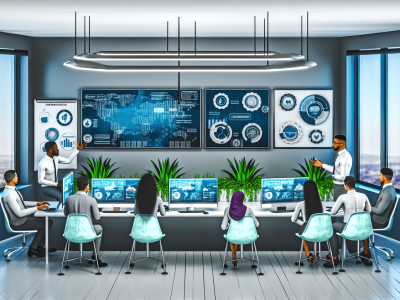 Profissionais discutem políticas de segurança da informação em sala moderna com plantas e quadros de dados.